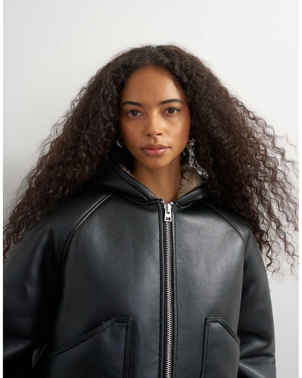 TOPSHOP Black Faux Leather Hooded Shearling Bomber Jacket