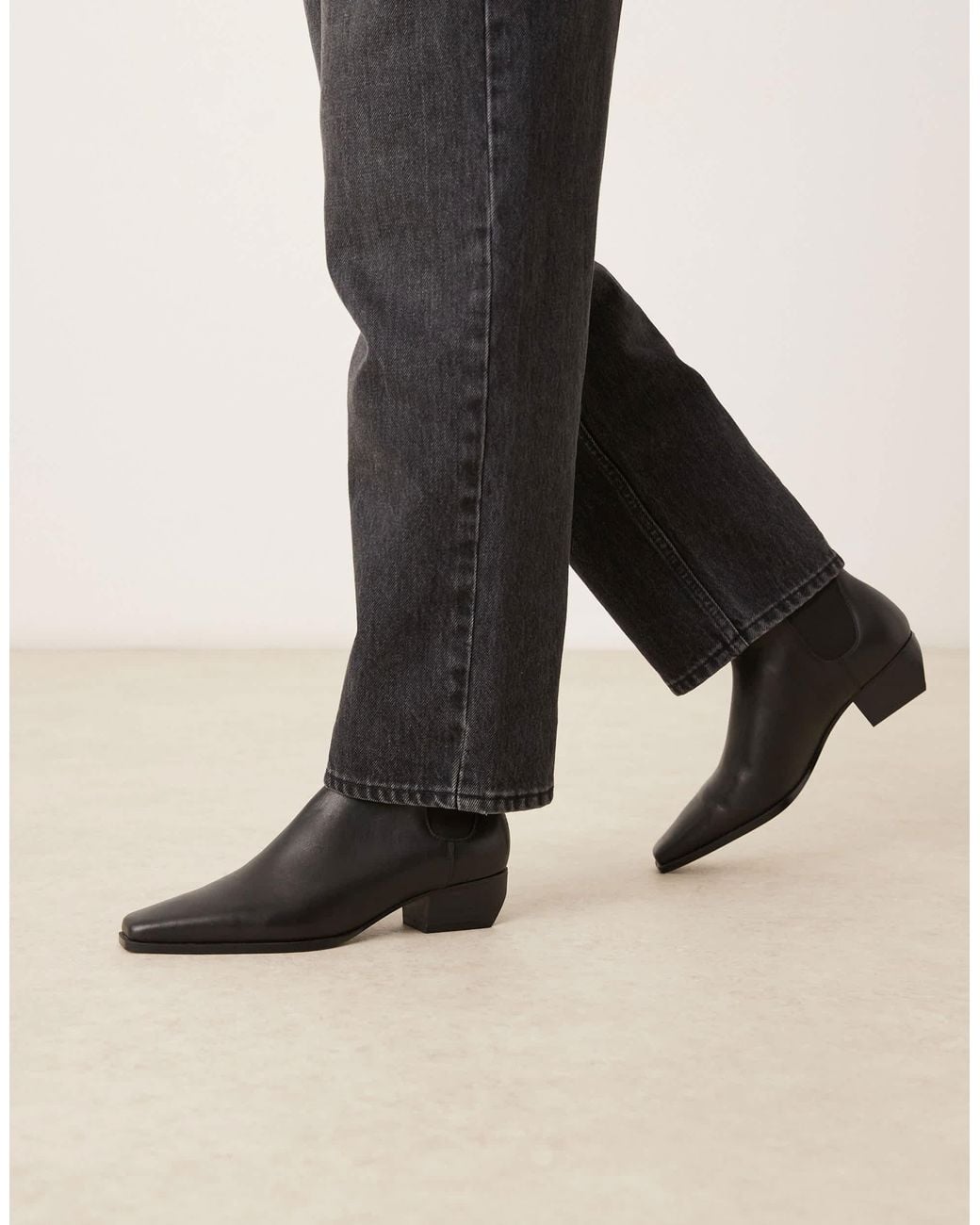 Mango Black Leather Square Toe Low Heeled Ankle Boot