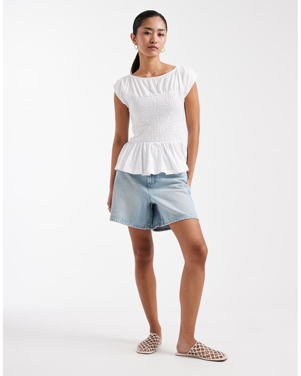 Threadbare White Jersey Cap Sleeve Shirred Top