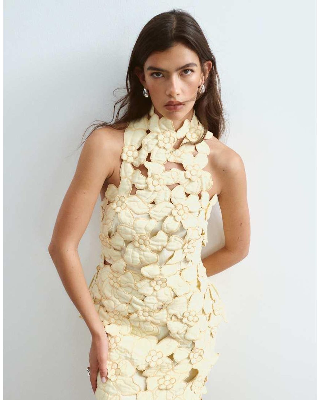 ARRANGE Natural Floral Embroidered Linen Cutwork Halterneck Top Co-ord