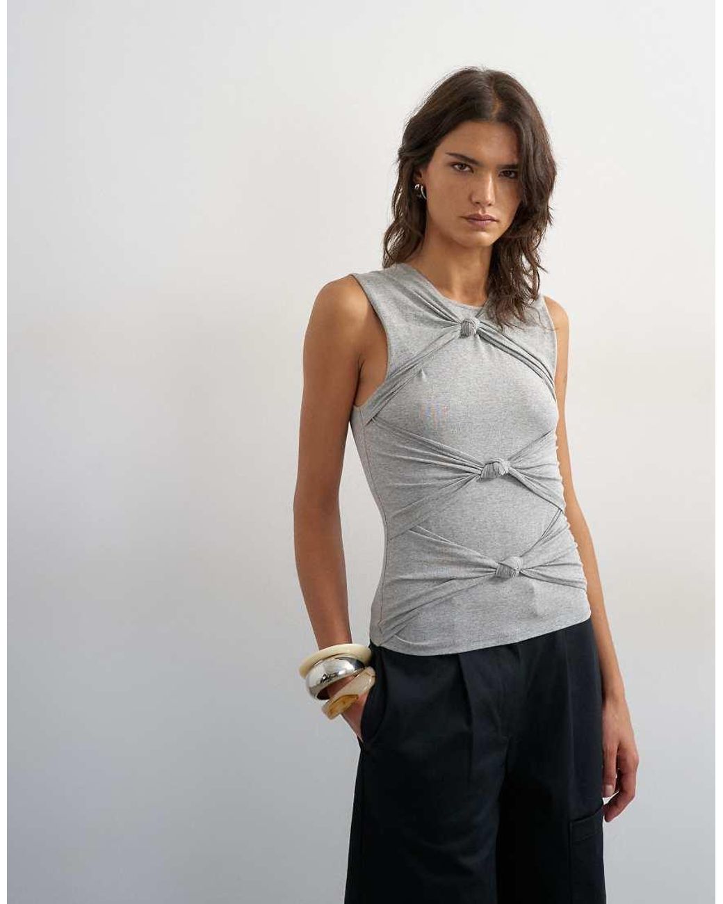 TOPSHOP Gray Knot Front Detail Top
