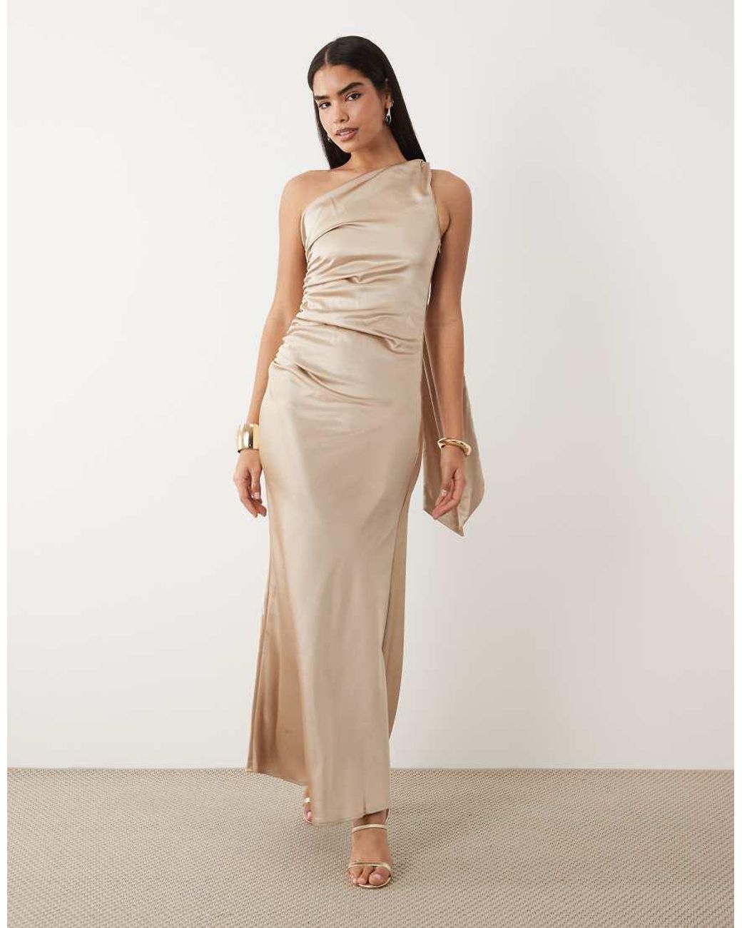 Aria Cove Natural Satin Drape Twist Shoulder Maxi Dress