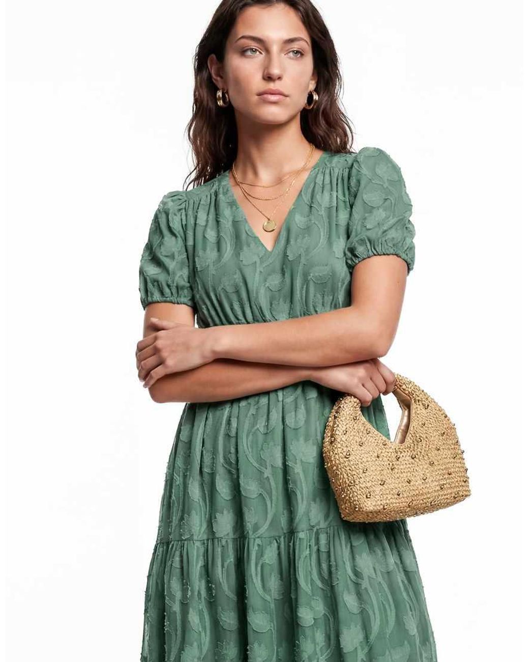 Lovedrobe Green Short Sleeve Floral Burnout Midi Dress