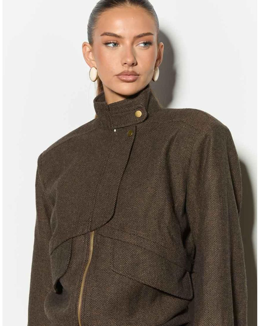 Noughts & Kisses Brown Tweed Structured Pocket Detail Bomber Jacket Set