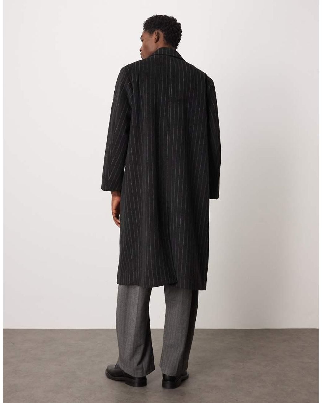 ASOS Black Pinstripe Wool Look Oversized Longline Coat for men