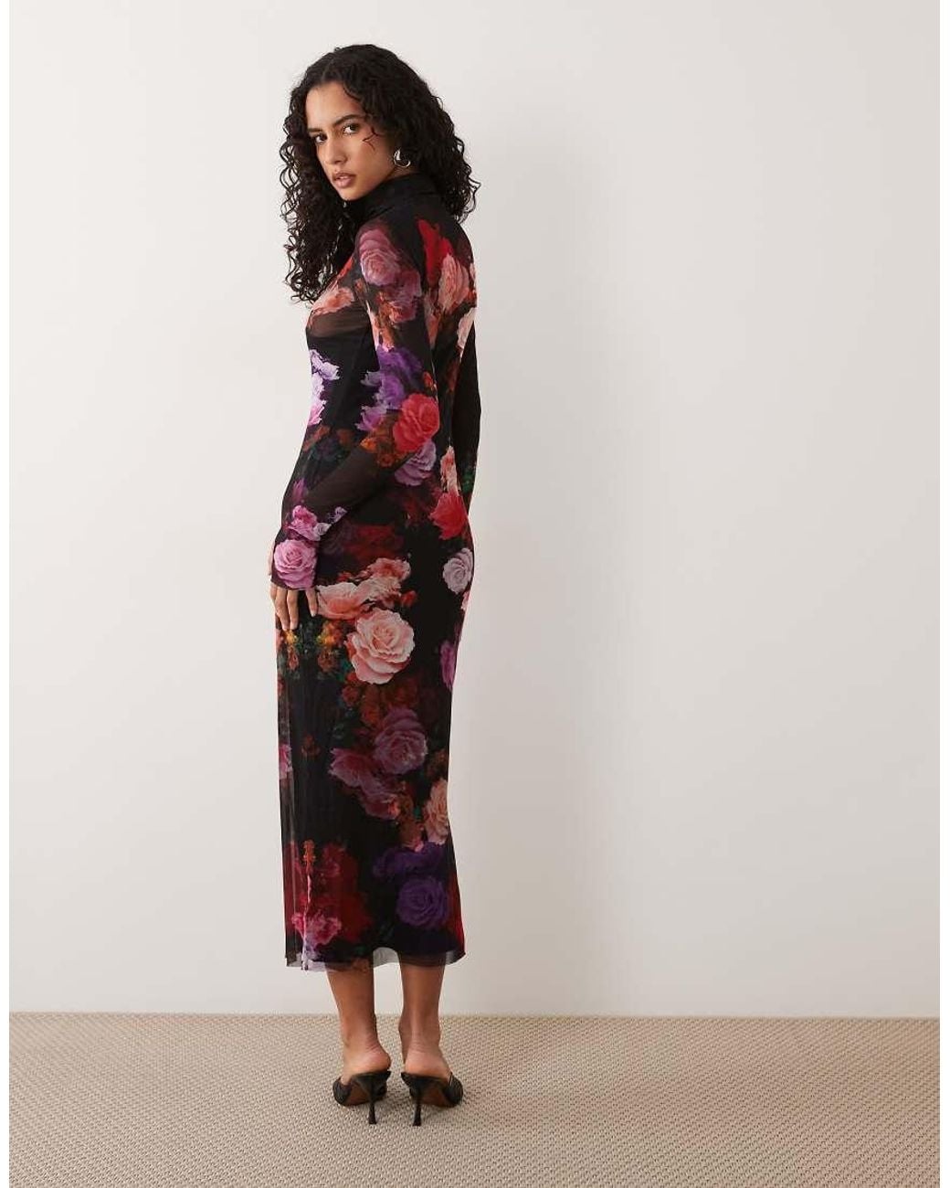 AFRM Multicolor Shailene Mesh Long Sleeve High Neck Midi Dress