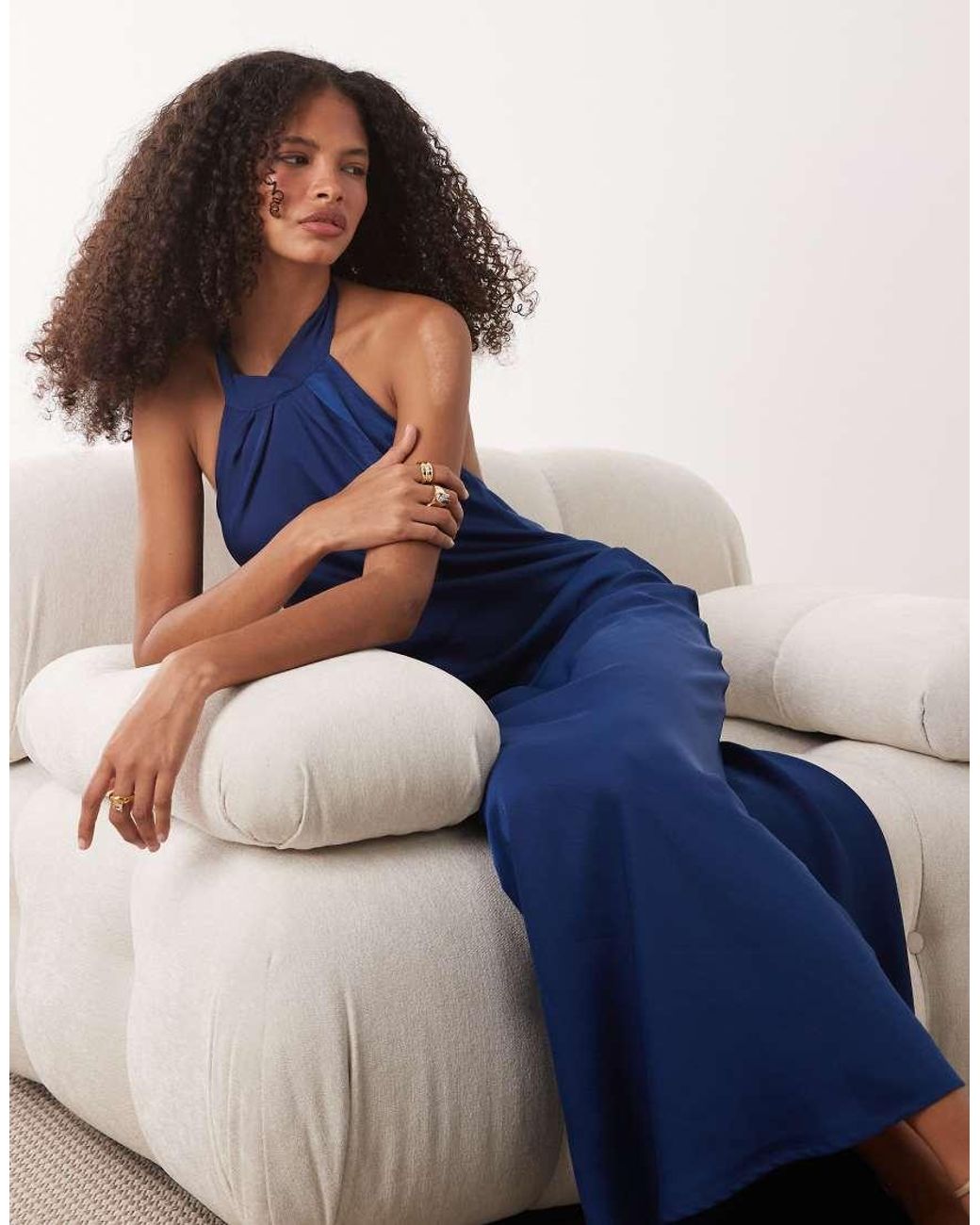 Jdy Blue Halter Neck Satin Maxi Dress