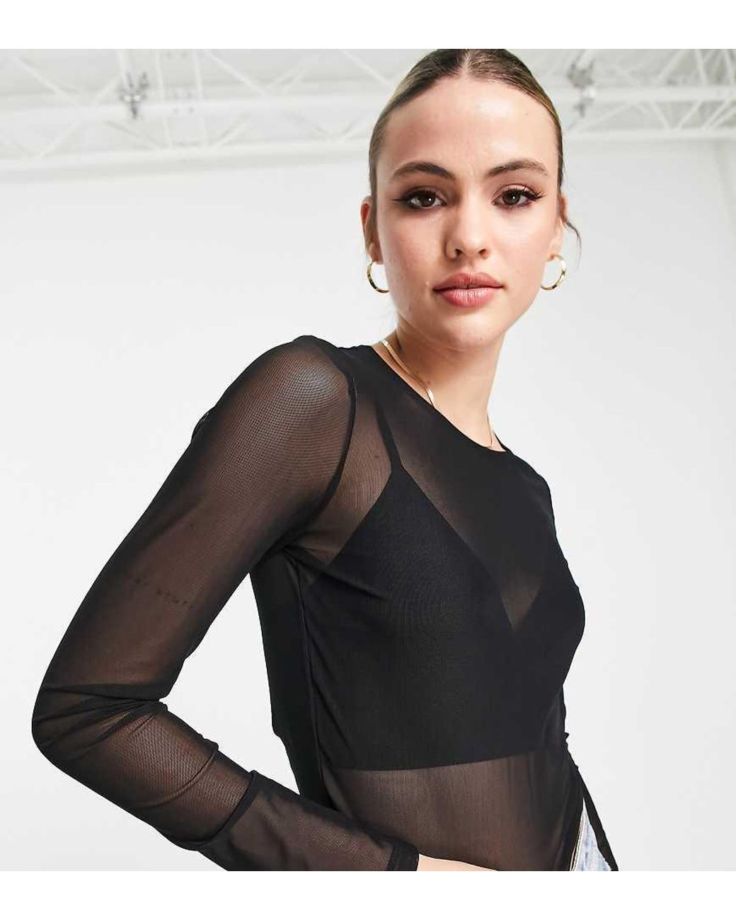 Top Corto De Manga Larga De Malla De Asos Design Tall ASOS de color Black