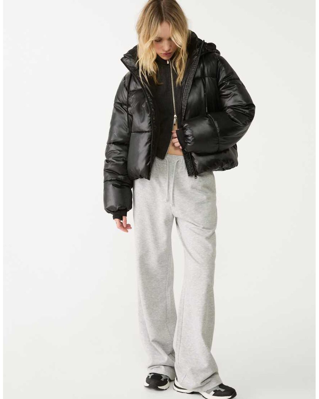 Stradivarius Black Metallic Hooded Puffer Jacket