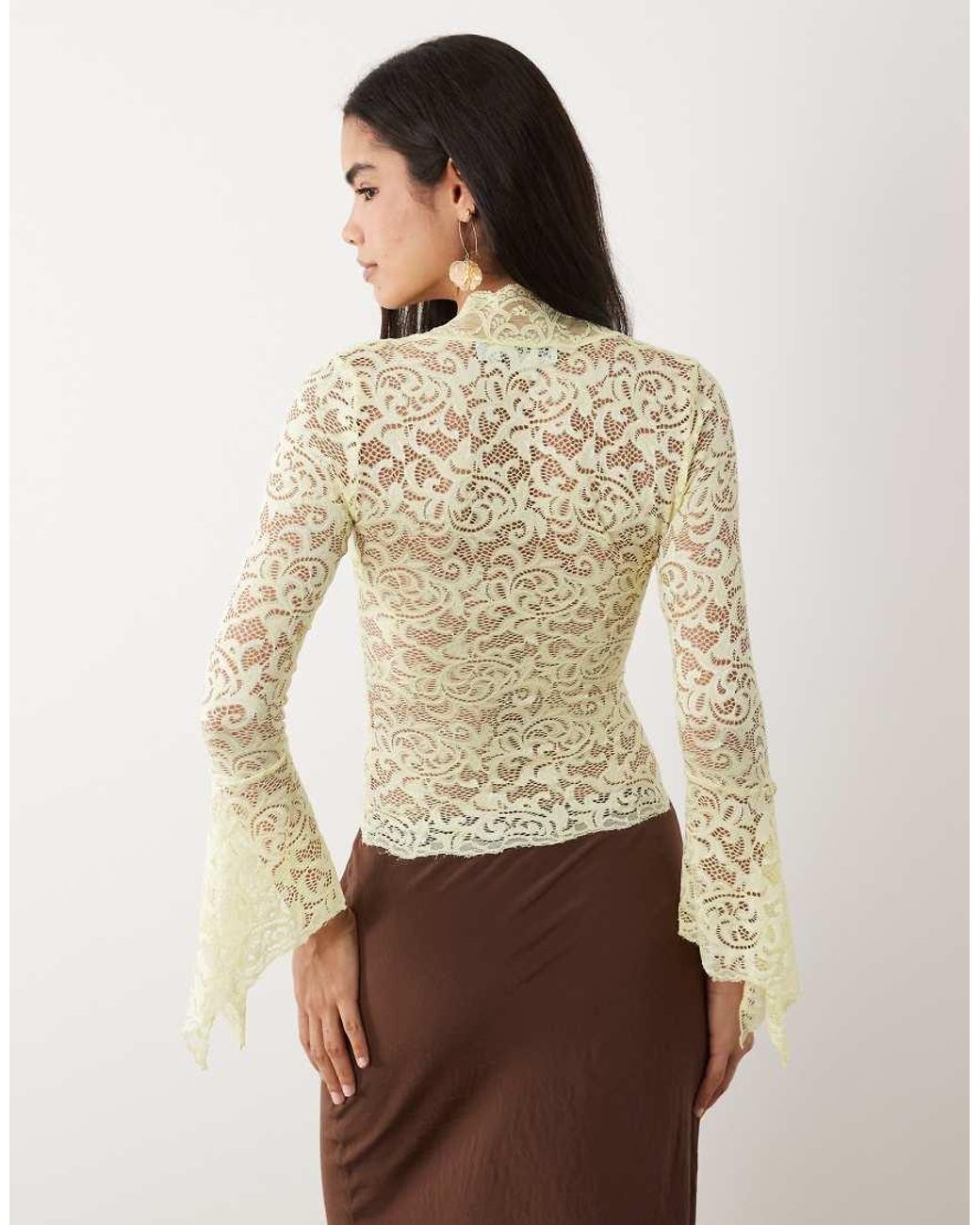 I.AM.GIA Natural Gemma Semi Sheer Plunge Neck Long Fluted Sleeve Lace Top