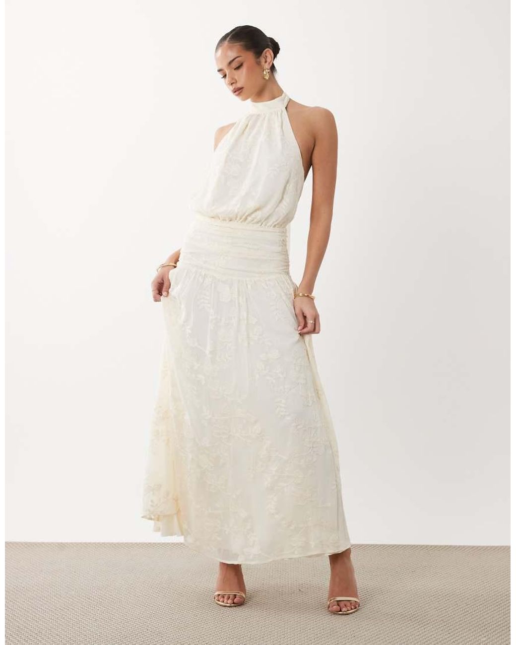Gina Tricot White Embroidery Maxi Dress With Open Back Detail