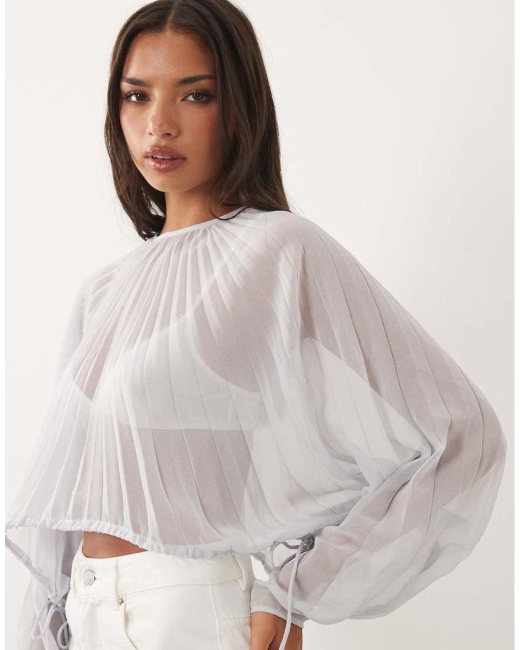 ASOS Gray Pleated Cinch Waist Blouse
