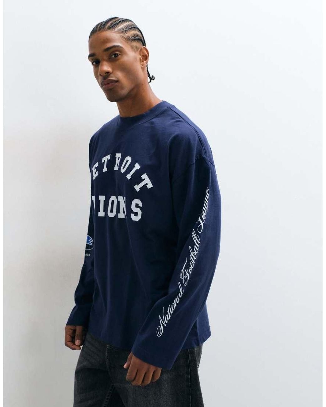 ASOS Blue Oversized Long Sleeve T-shirt With Nfl Detroit Lions for men