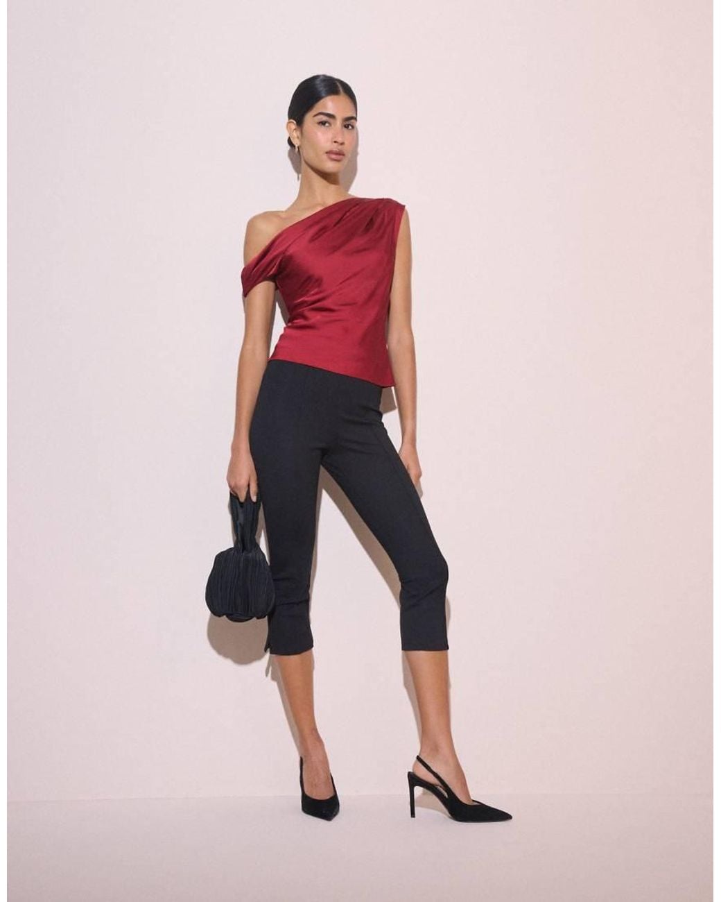 Nobody's Child Red Katty Satin One Shoulder Cap Sleeve Pleat Detail Top