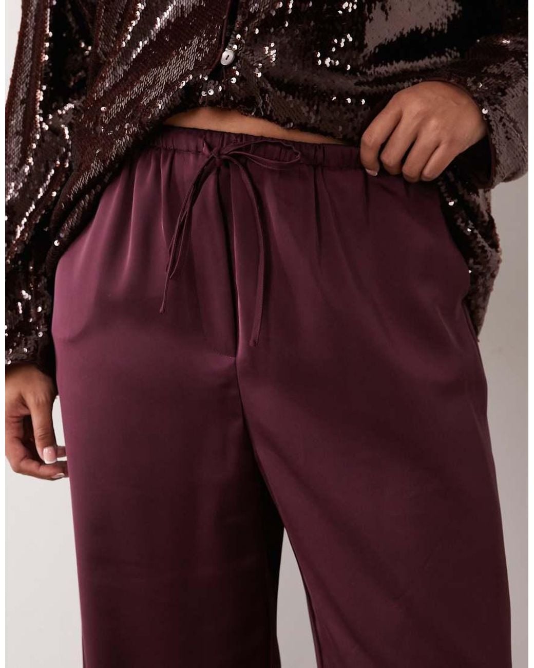 Pretty Lavish Curve Red Satin Drawstring Wide Leg Pants