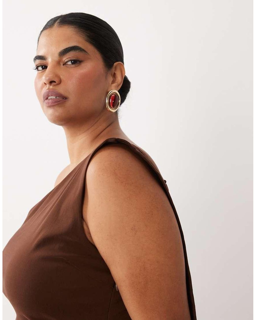 Tfnc Plus Brown Bengaline One Shoulder Draped Maxi Dress