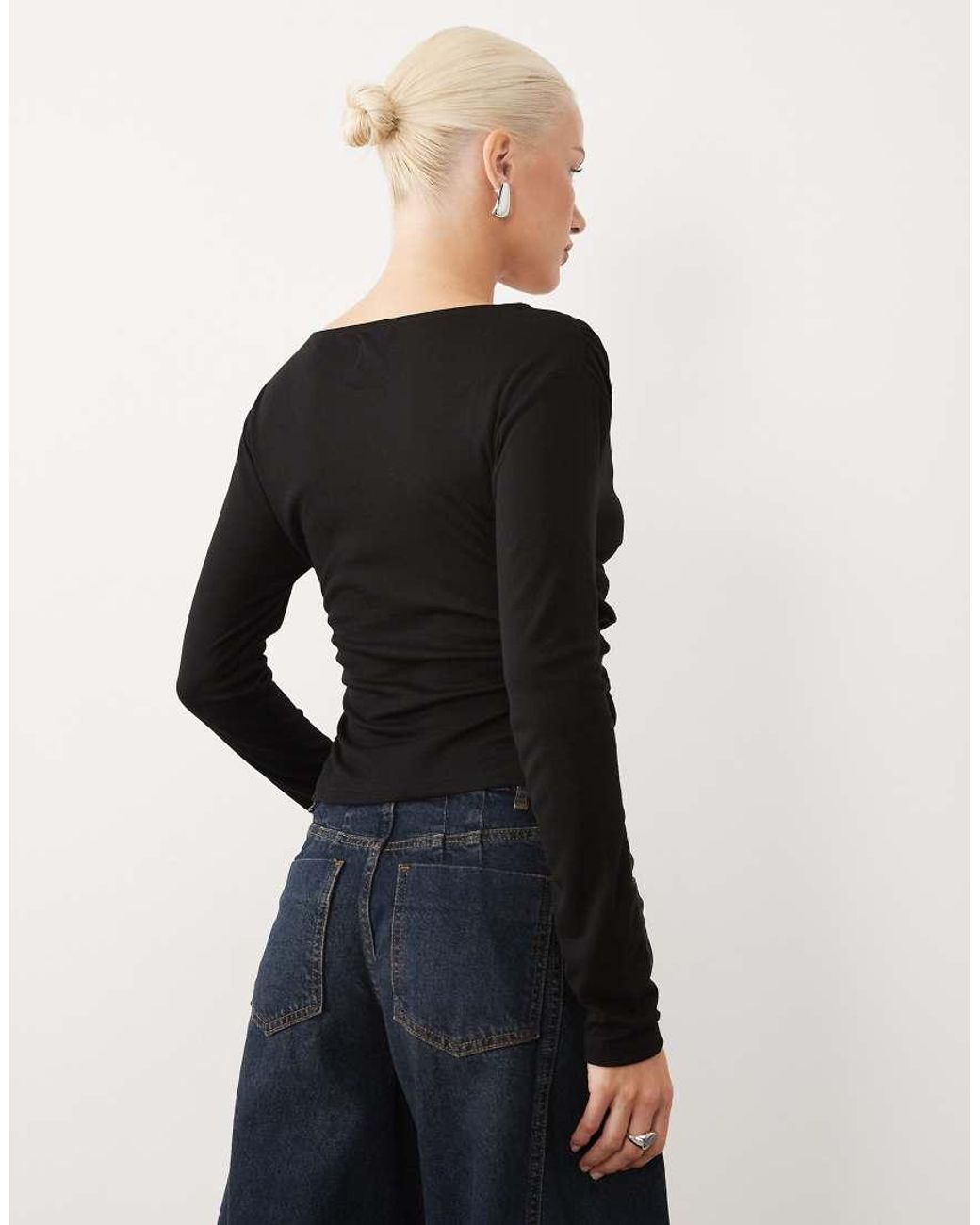 ASOS Black Soft Lightweight Jersey Drape Wrap Long Sleeve Top