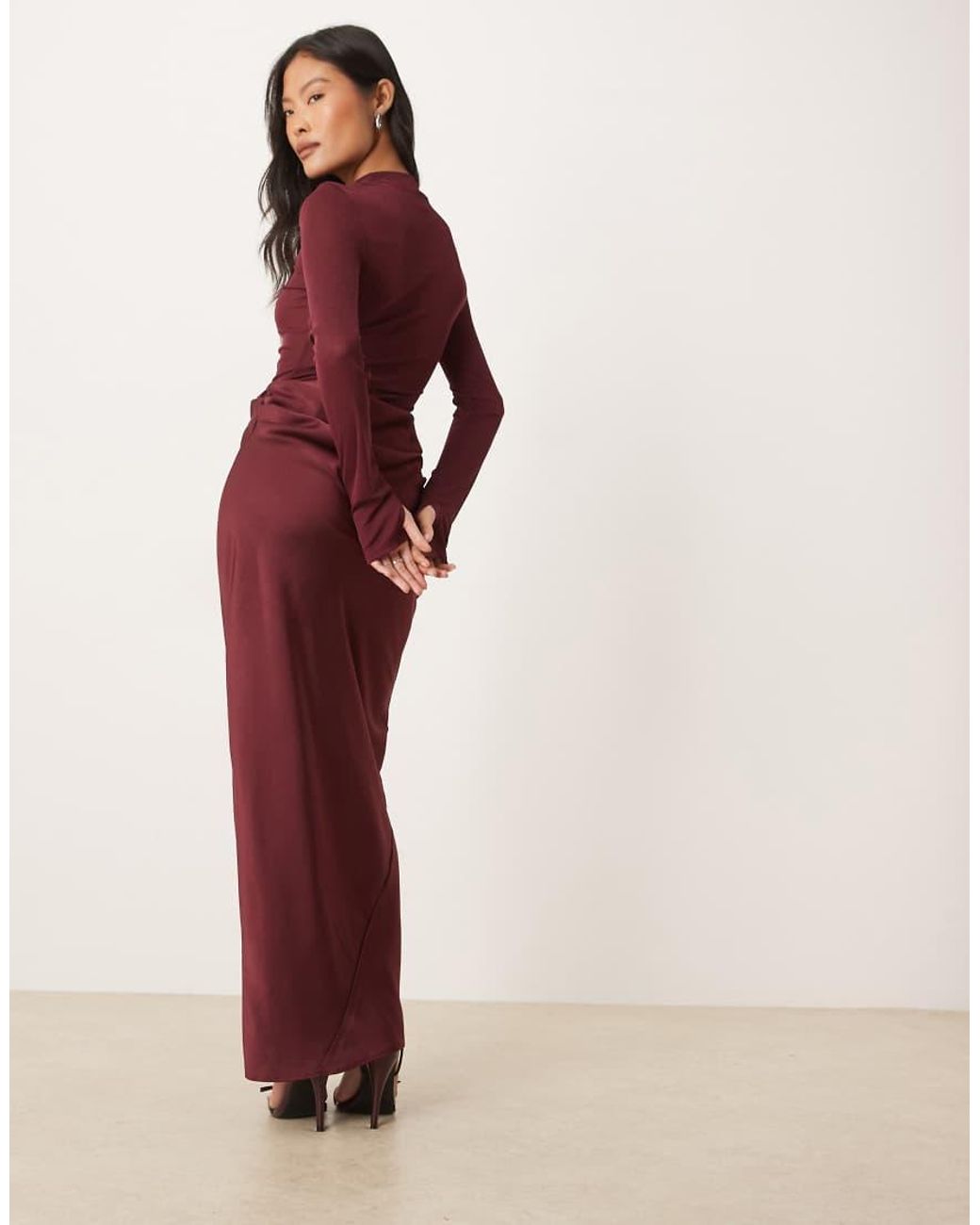 ASOS Red Asos Design Petite Sheer High Neck Bodice Drape Satin Maxi Dress