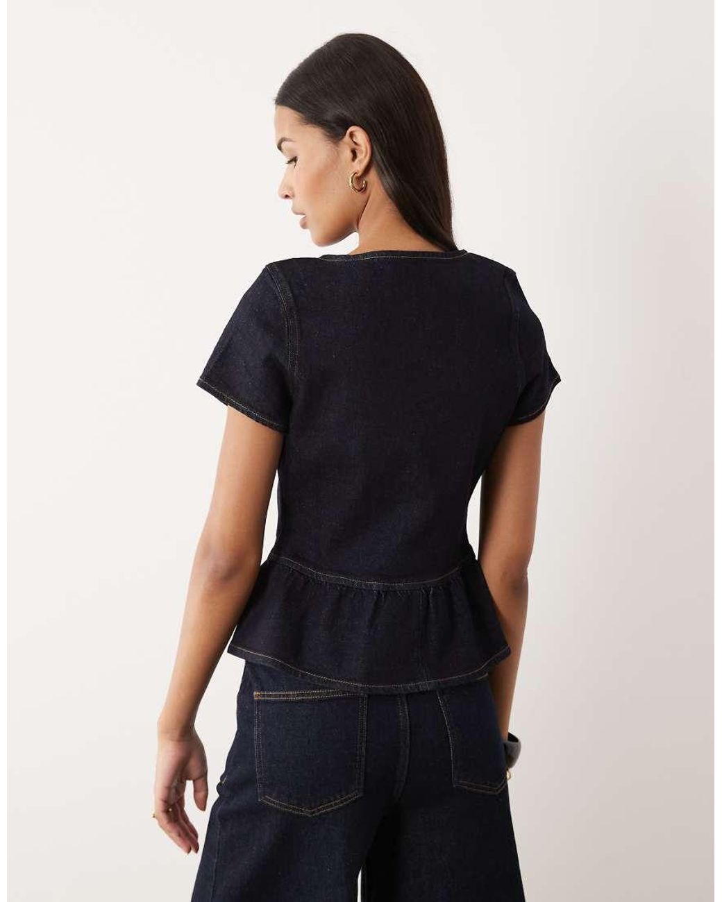 Miss Selfridge Blue Denim Short Sleeve Peplum Top