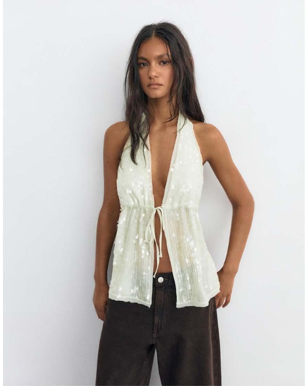 Pull&Bear White Sequin Halter Top