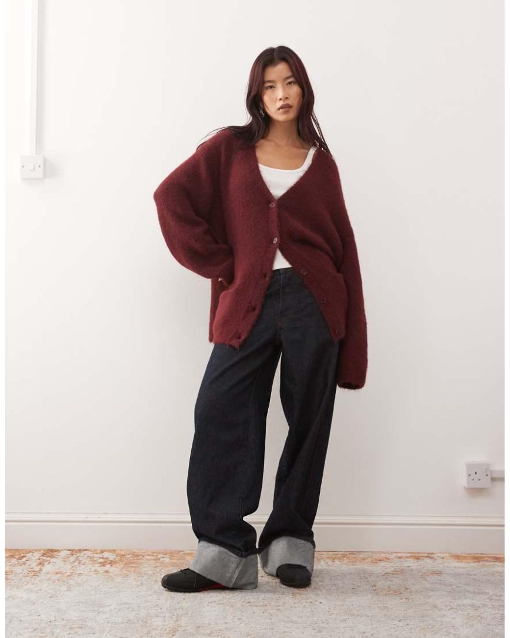 Monki Red Oversized Fluffy Knit Cardigan