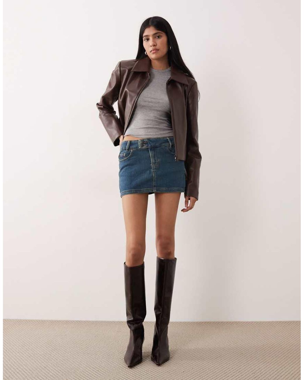 Motel Gray Low Rise Denim Mini Skirt