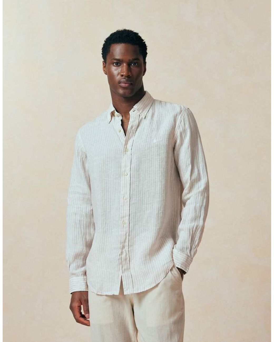 Polo Ralph Lauren White Icon Logo Striped Linen Long Sleeve Shirt for men