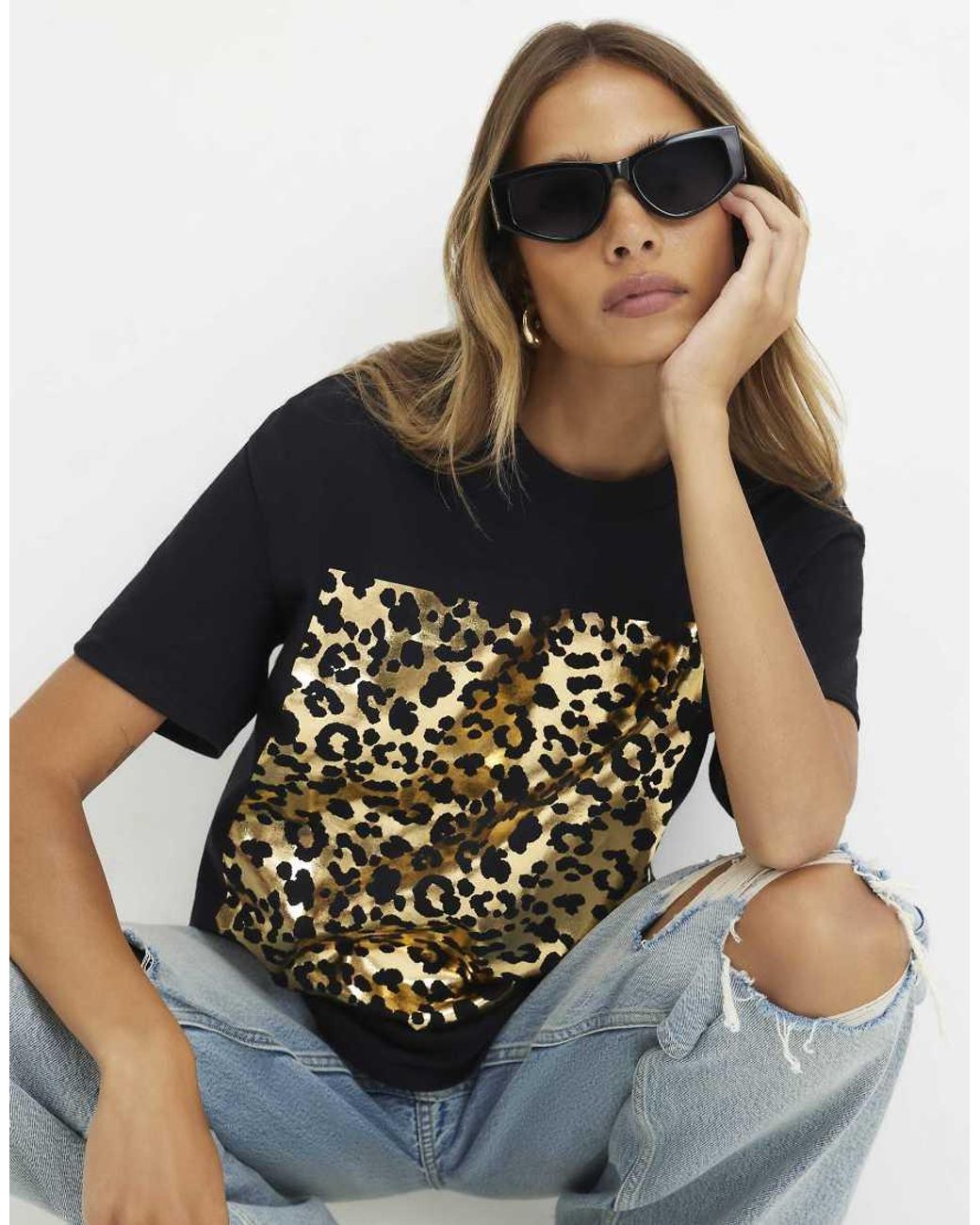 River Island Blue Cotton Leopard Print Foil T-Shirt
