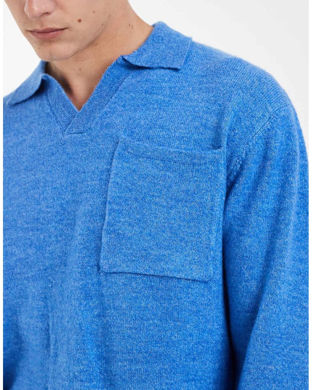 Redefined Rebel Blue Boxy Oversized V-neck Knitted Jumper With Collar for men