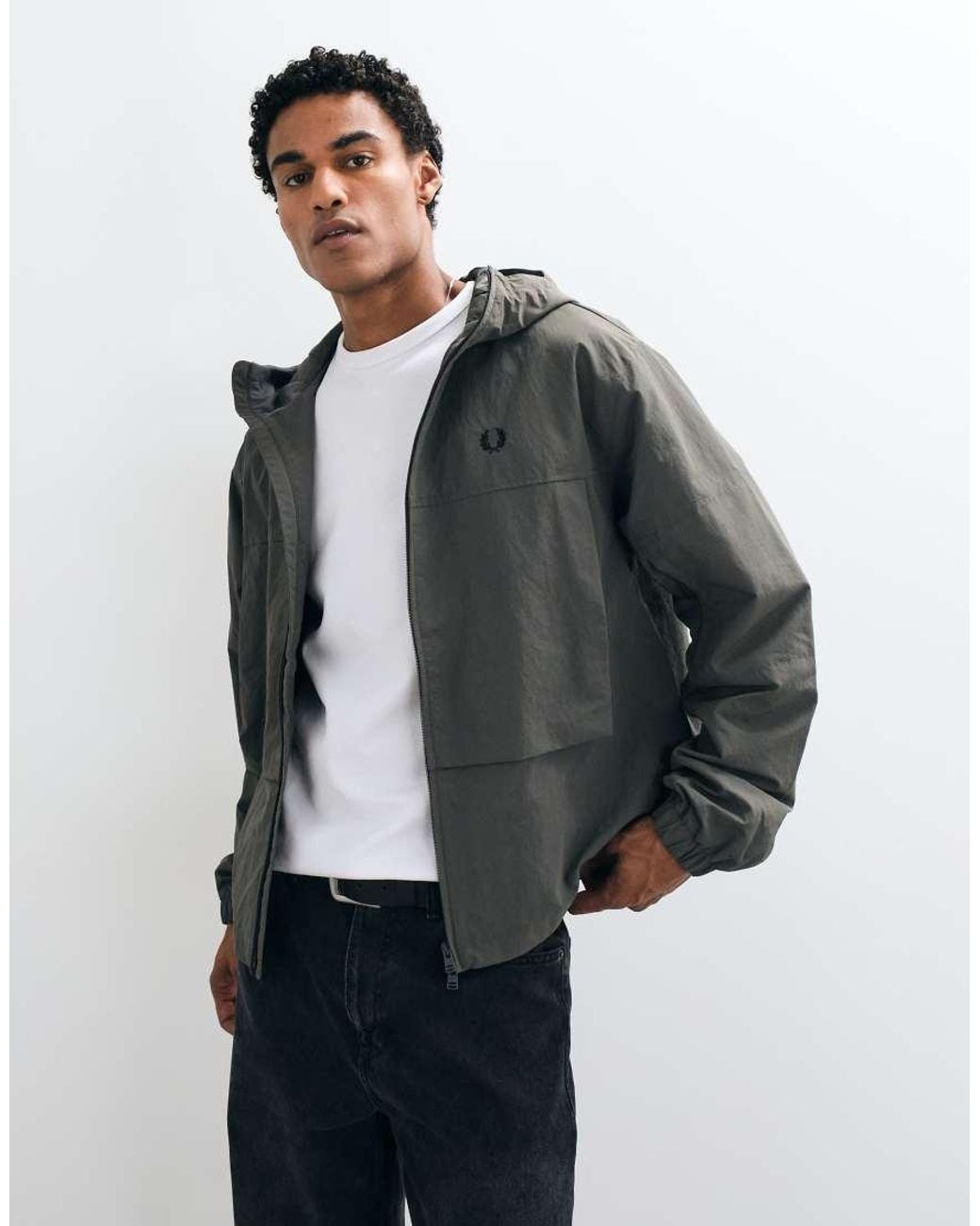 Fred Perry Gray Zip Through Boxy Hooded Logo Jacket for men