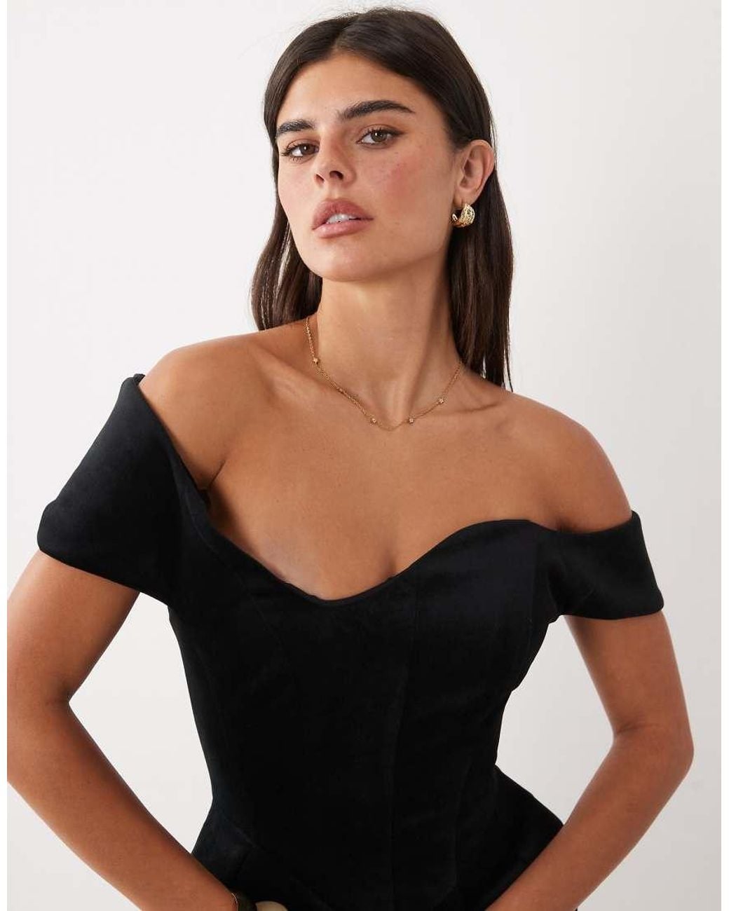 ASOS Black Wired Neckline Off The Shoulder Velvet Mini Dress With Tulip Hips