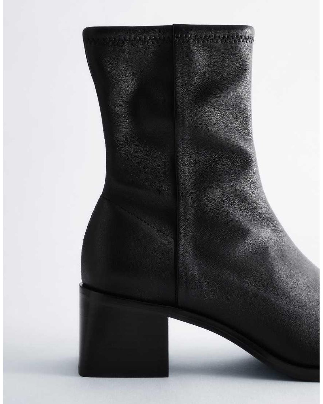 & Other Stories Black Premium Leather Square Toe Heeled Ankle Boots