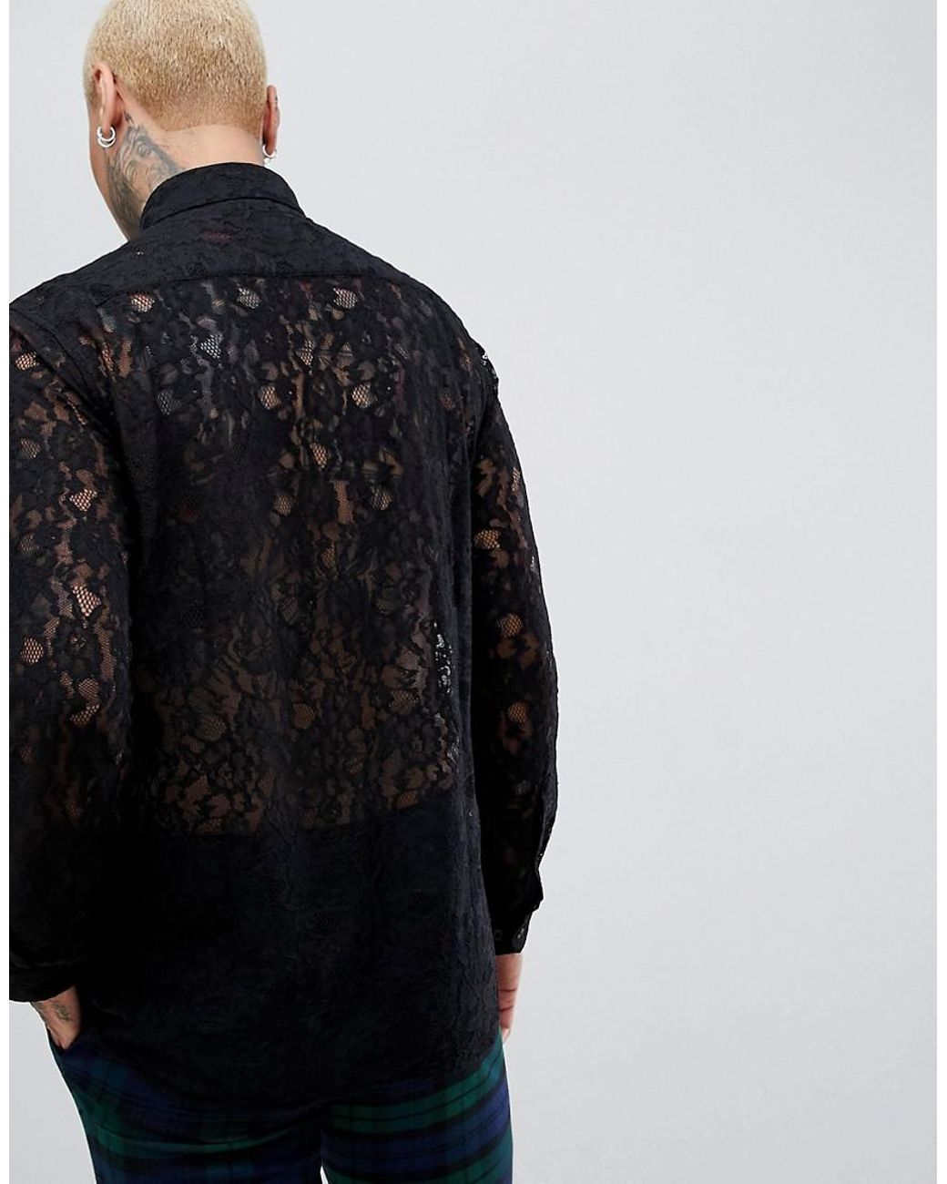 ASOS Festival Regular Fit V Neck Lace Shirt in Black for Men