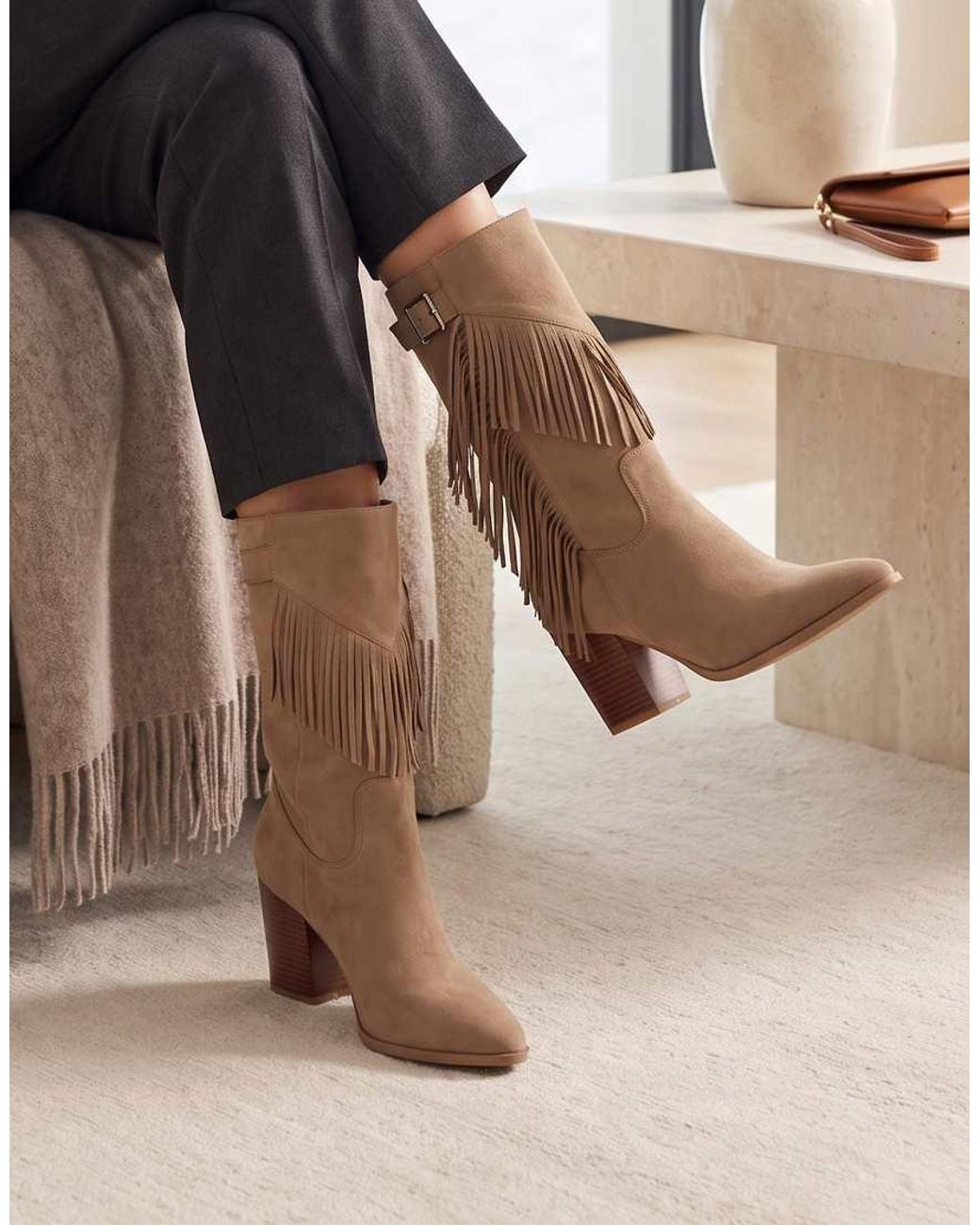 SEQWL Wide Fit Brown Western Cowboy Calf Boots Block Heel With Side Tassel Detail