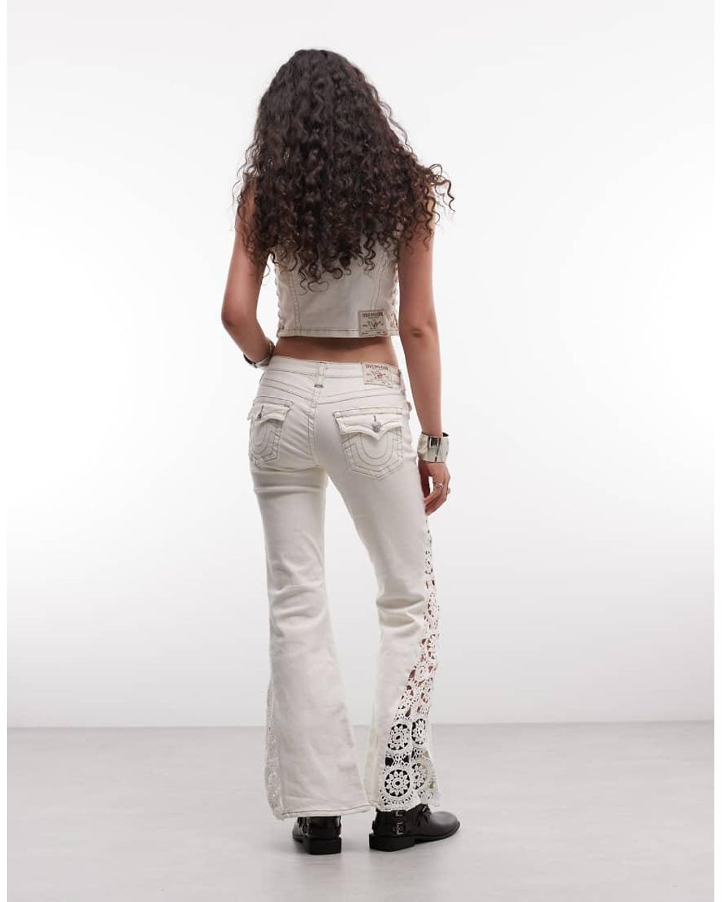True Religion White Mid Rise Crochet Detail Flare Jeans