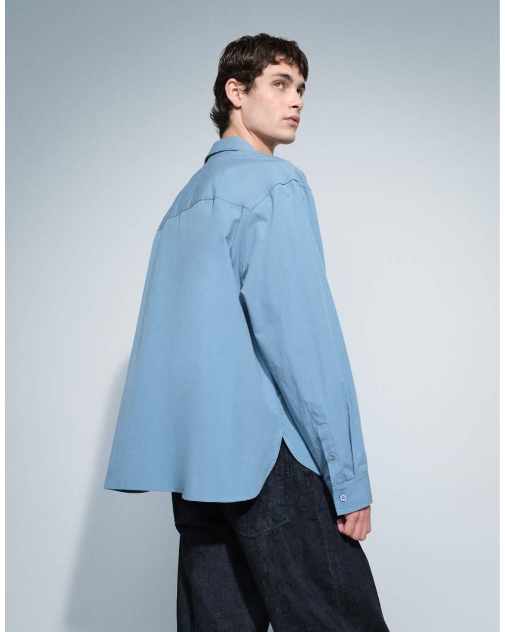 ASOS Blue Oversized Poplin Shirt With Chest Embroidery for men