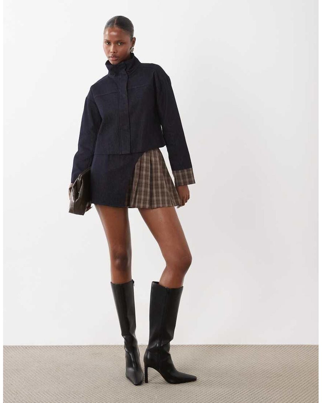 The Frolic Blue Exclusive Denim Funnel Neck Check Contrast Sleeve Jacket Co-Ord