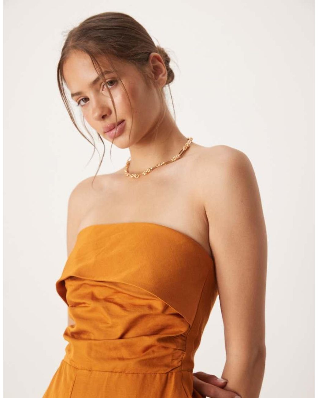Mango Orange Linen Mix Bandeau Jumpsuit