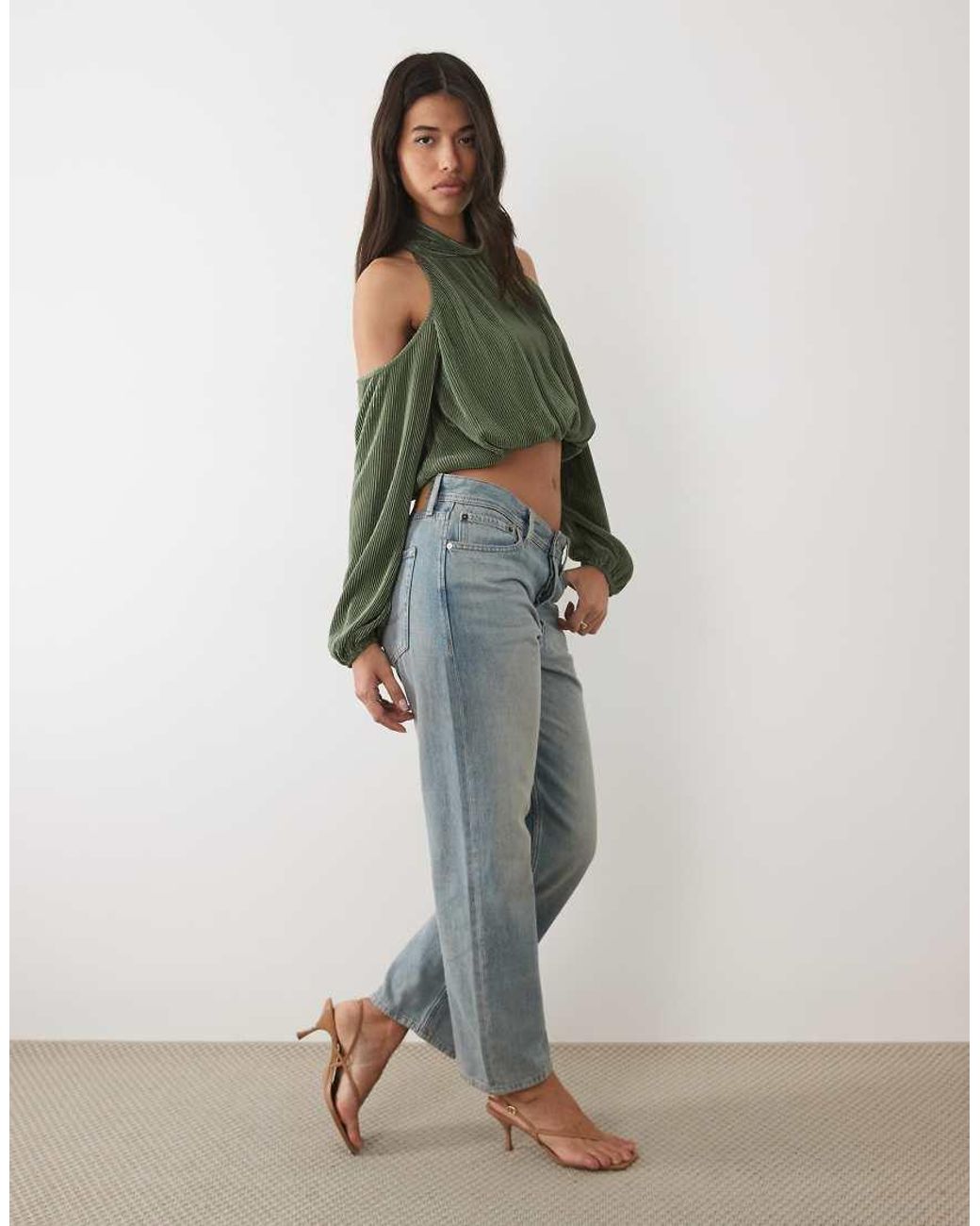 ASOS Green Cold Shoulder Plisse Bubble Top