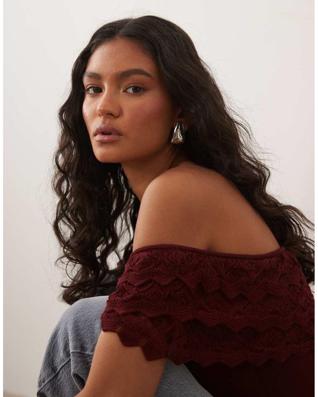 Miss Selfridge Black Knitted Frill Bardot Top