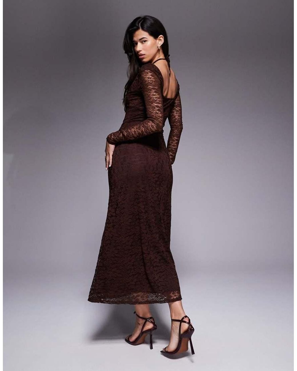 ASOS Brown Lace Long Sleeve Tie Front Midi Dress