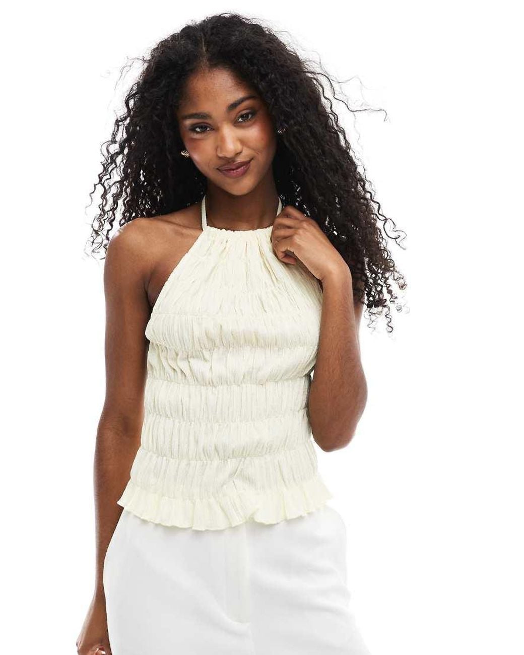ASOS Texture Shirred Halter Top in White | Lyst UK