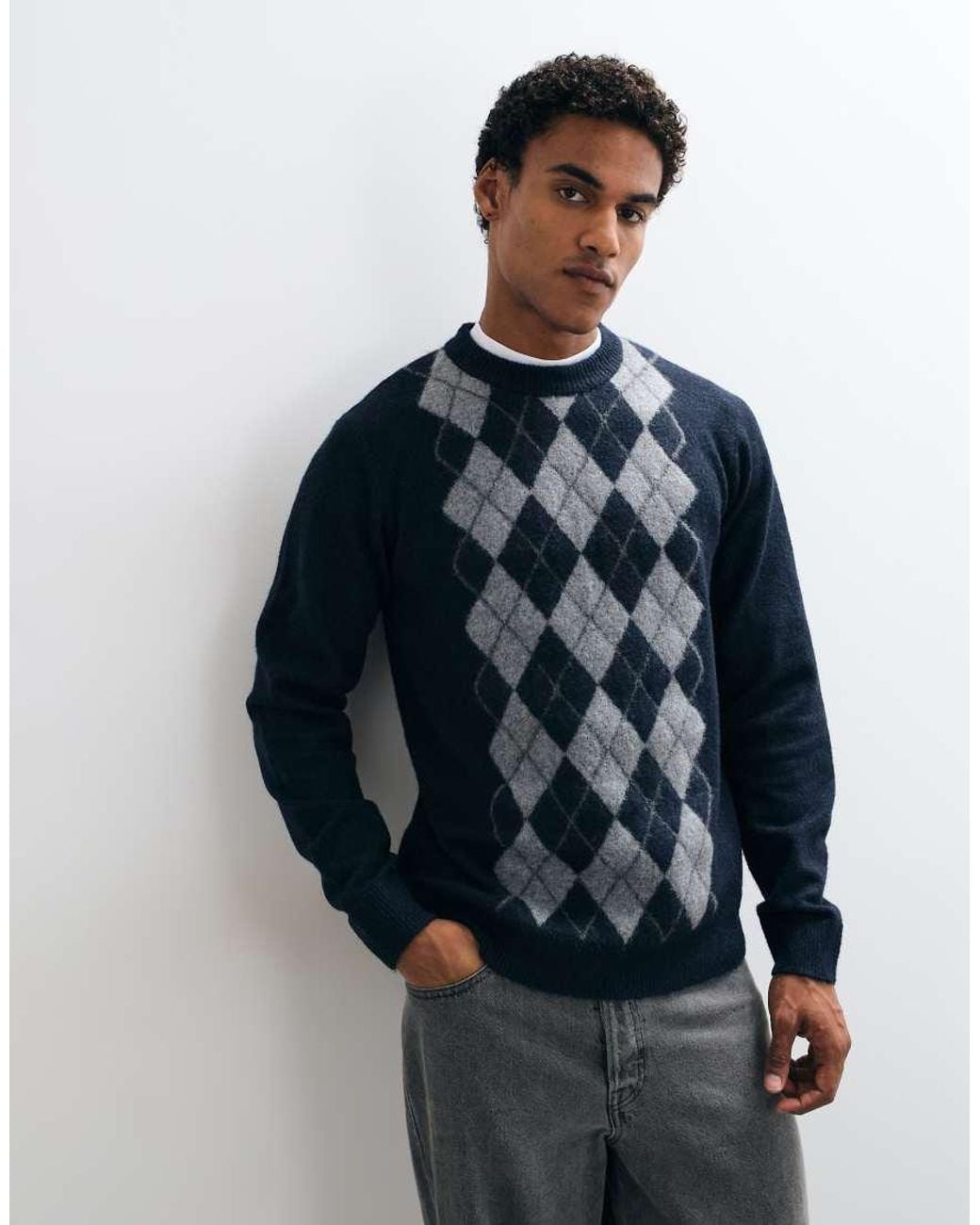 Threadbare Blue Argyle Knitted Crew Neck Jumper for men