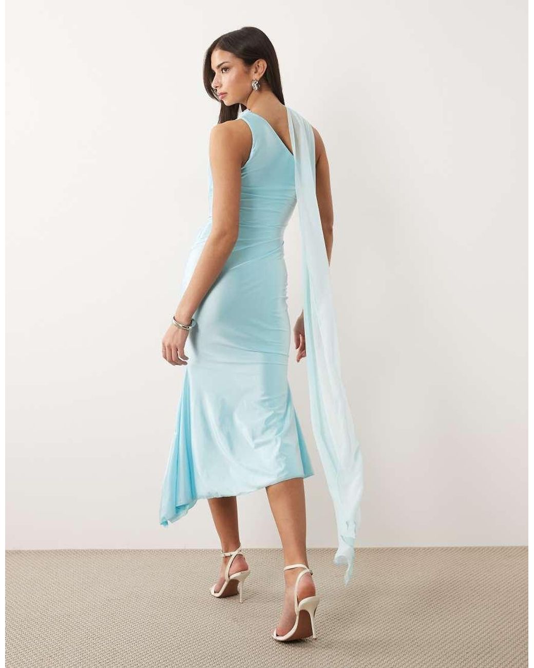 Oh Polly Blue One Shoulder Scarf Detail Asymmetric Hem Midi Dress