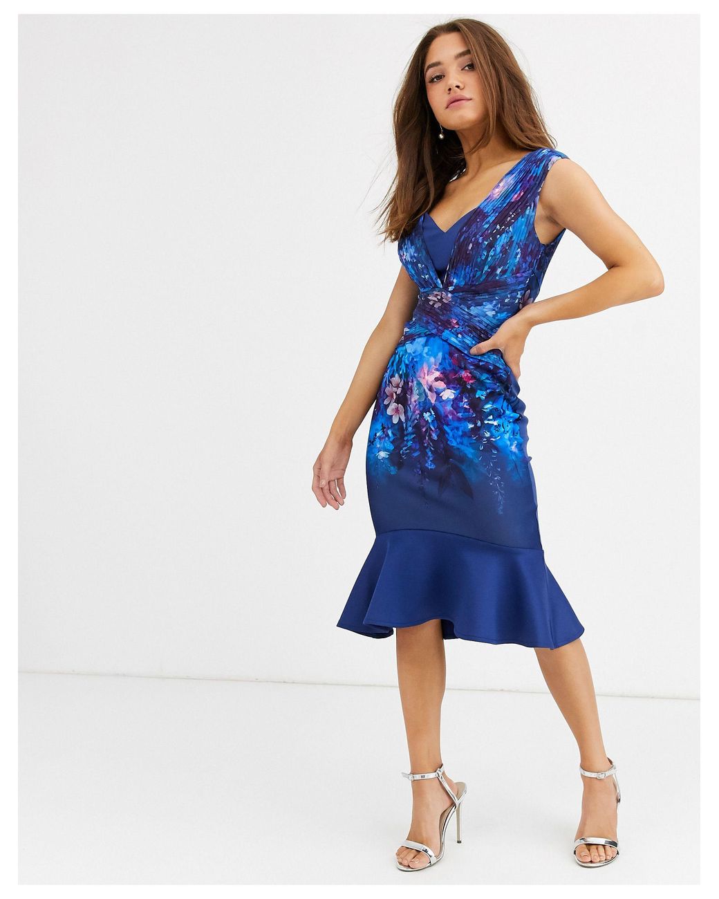 lipsy bardot midi dress in floral print in navy