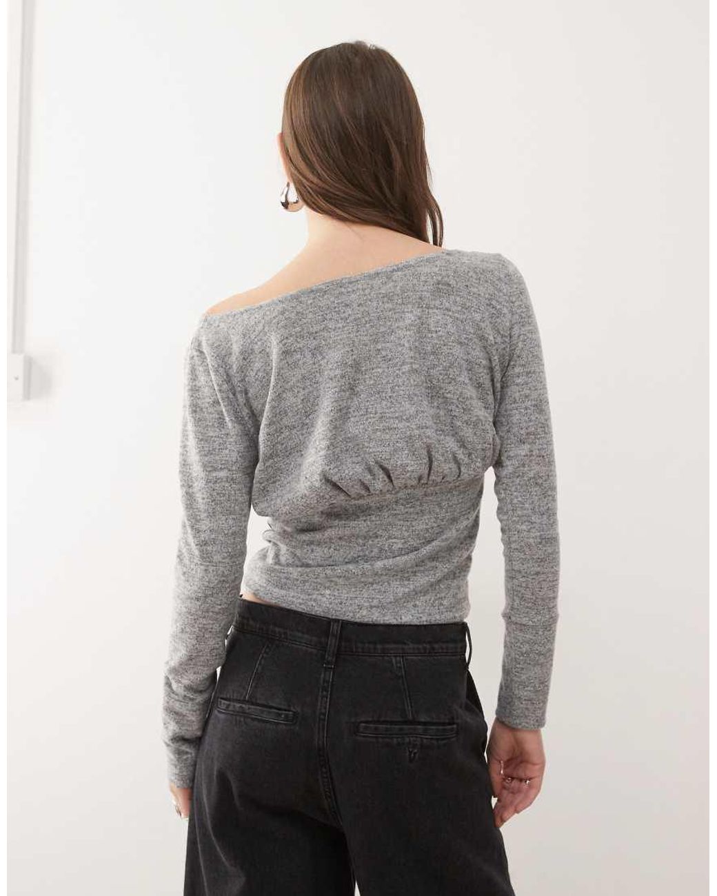Collusion Gray Deep Hem Slash Neck Long Sleeve Top