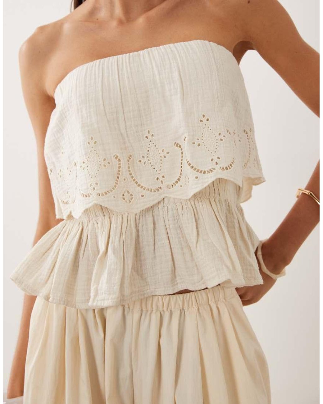 Mango Natural 100% Cotton Off Shoulder Embroidered Top