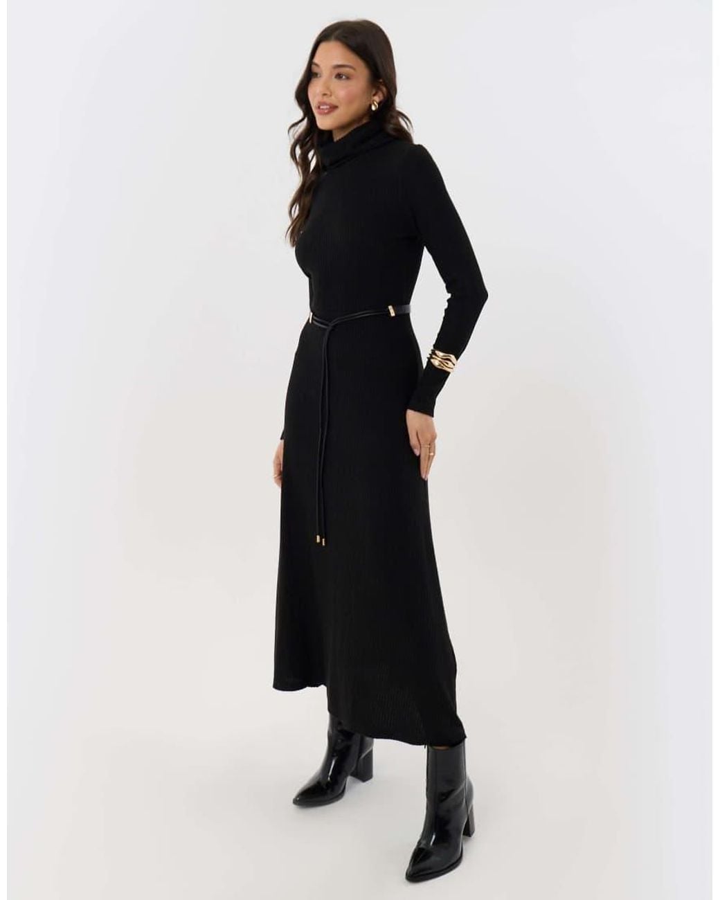 Threadbare Black Ribbed Roll Neck Maxi Dress With Belt