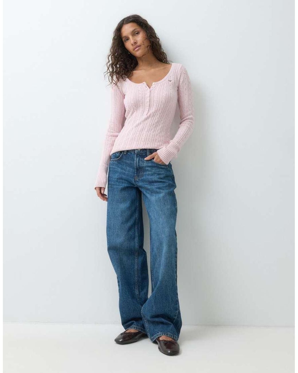 Hollister Pink Icon Logo Fitted Knitted Henley Top
