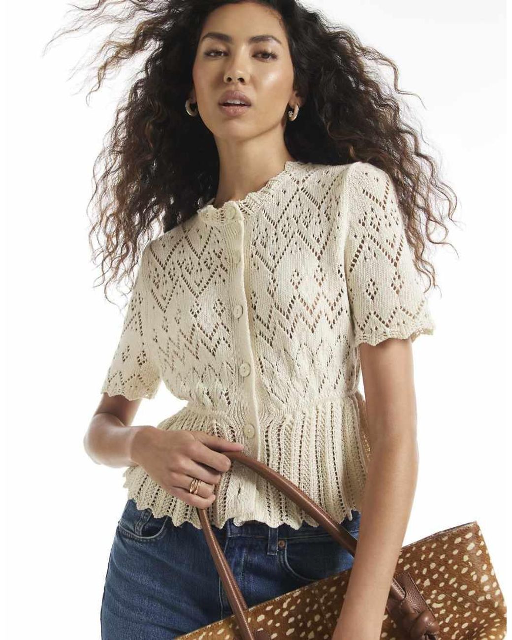 River Island White Crochet Knit Style Peplum Hem Polo Top